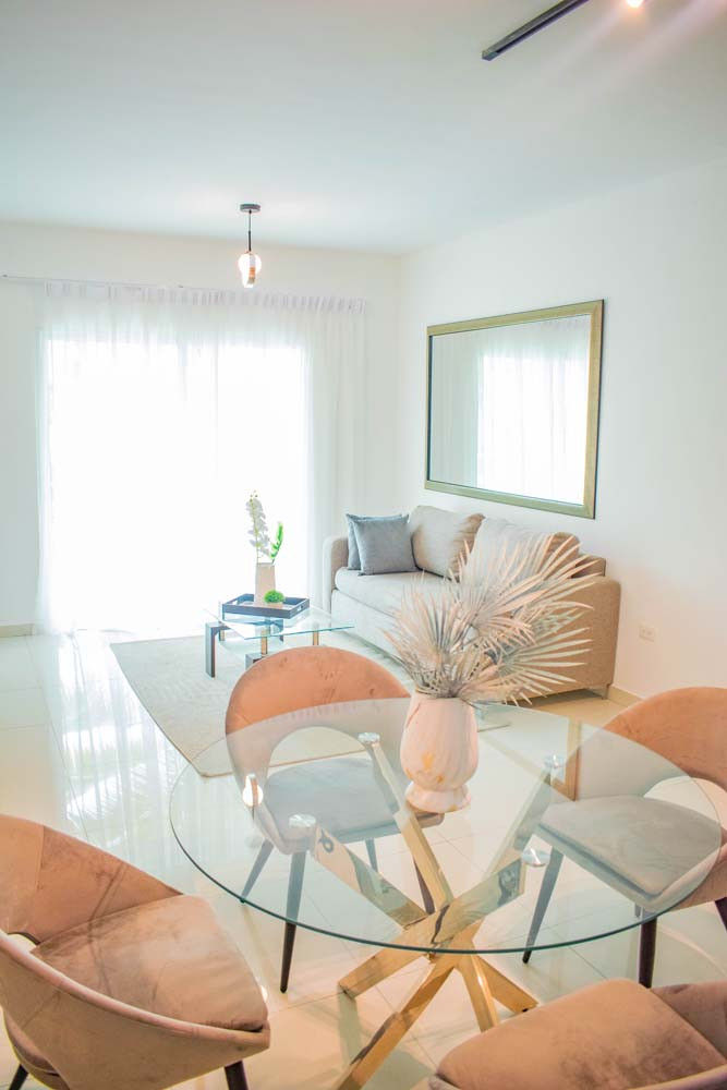 Modern furniture in the dining room and living room at Beach Apartamentos in Playa Palmera